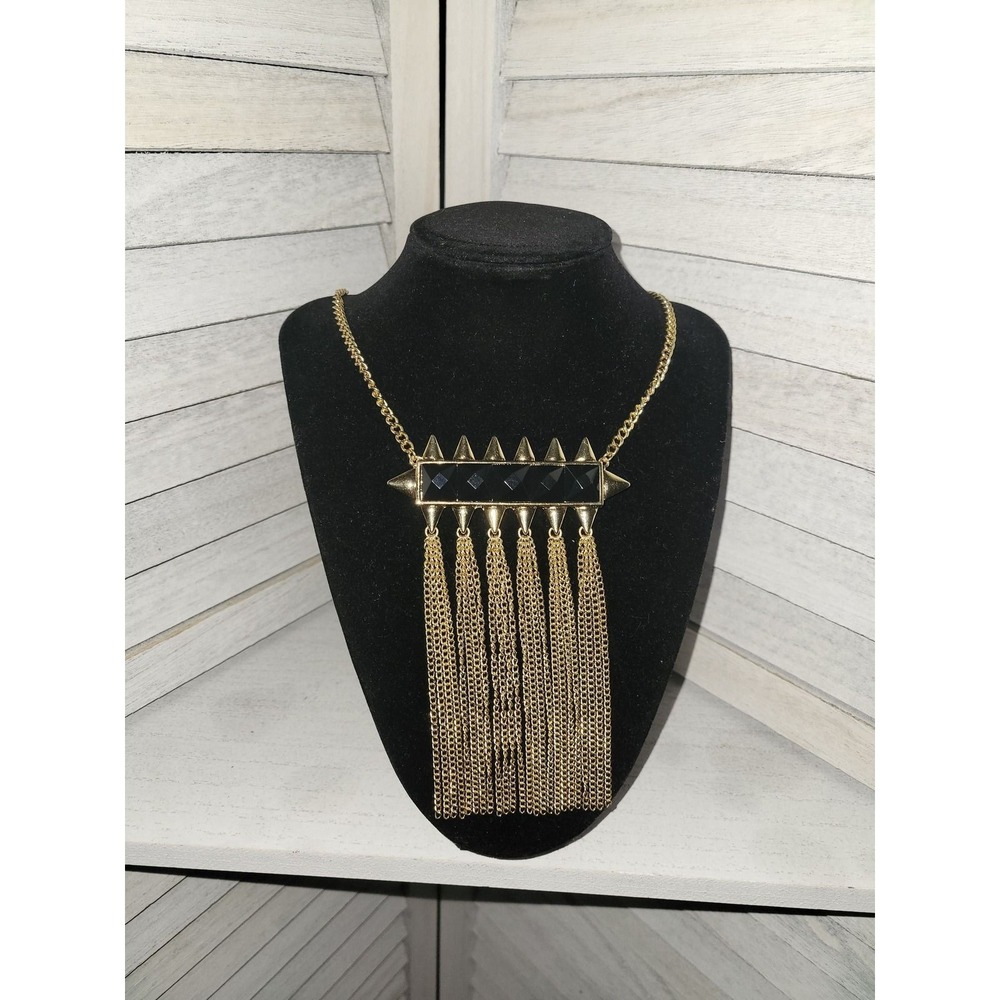 Bansri Gold Tone Black Stone Spike Fringe Statement Necklace and Earring Set